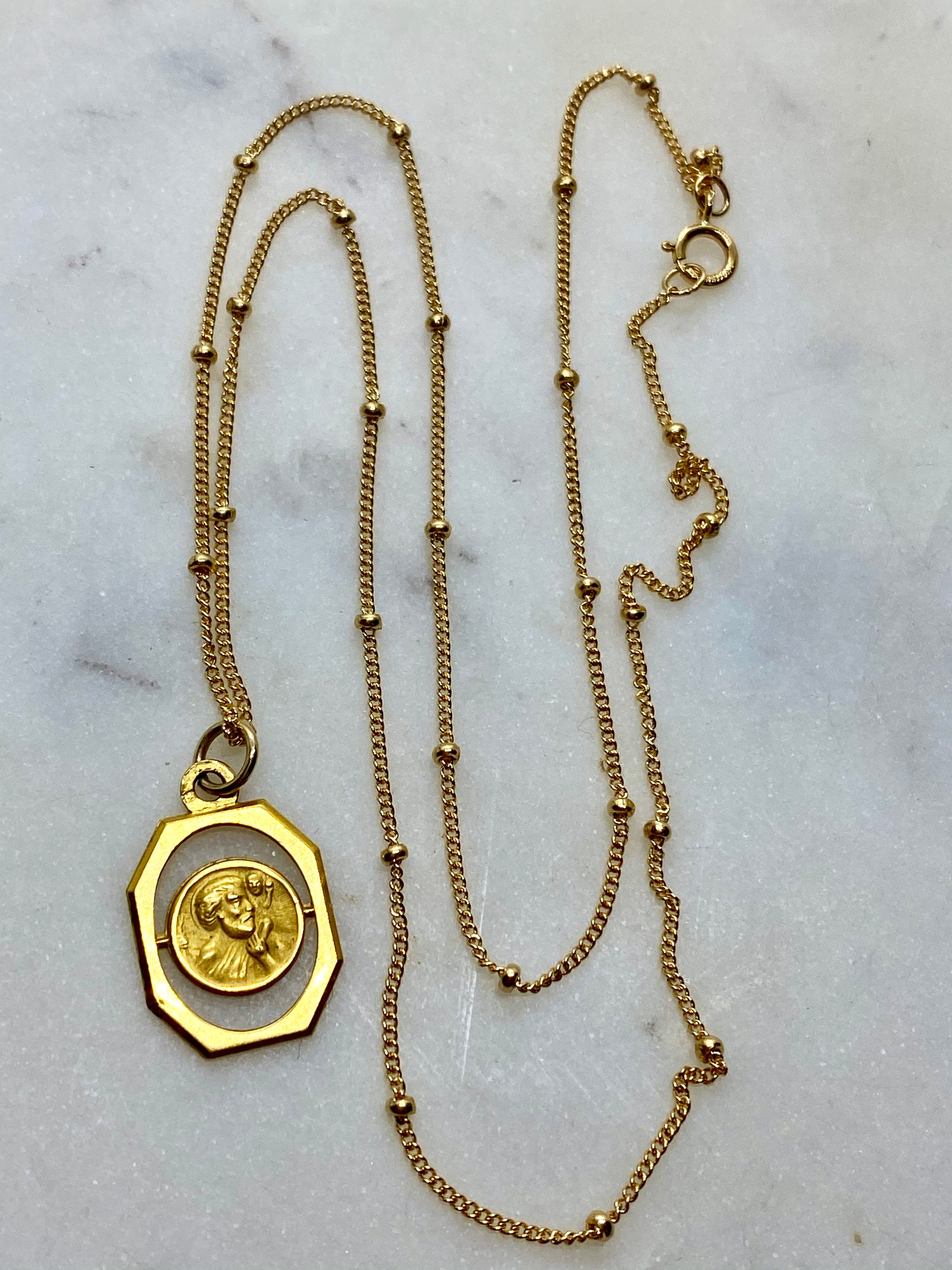 Vintage French Gold Tone St. Christopher Medal on Gold Filled Saturn Chain